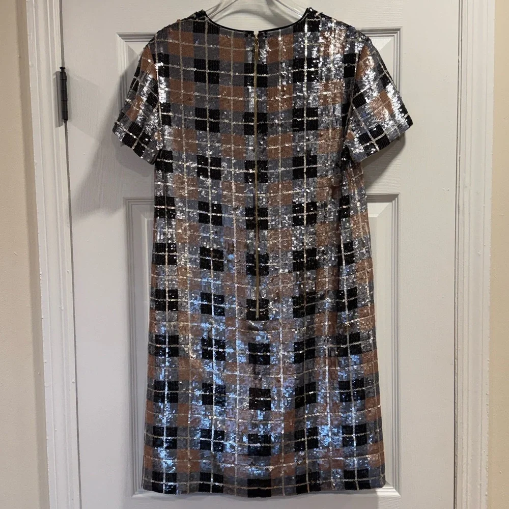 *Kate Spade Sequin Plaid Shift Dress Pumice 6 V Neck Short Sleeve Mini | AT 728